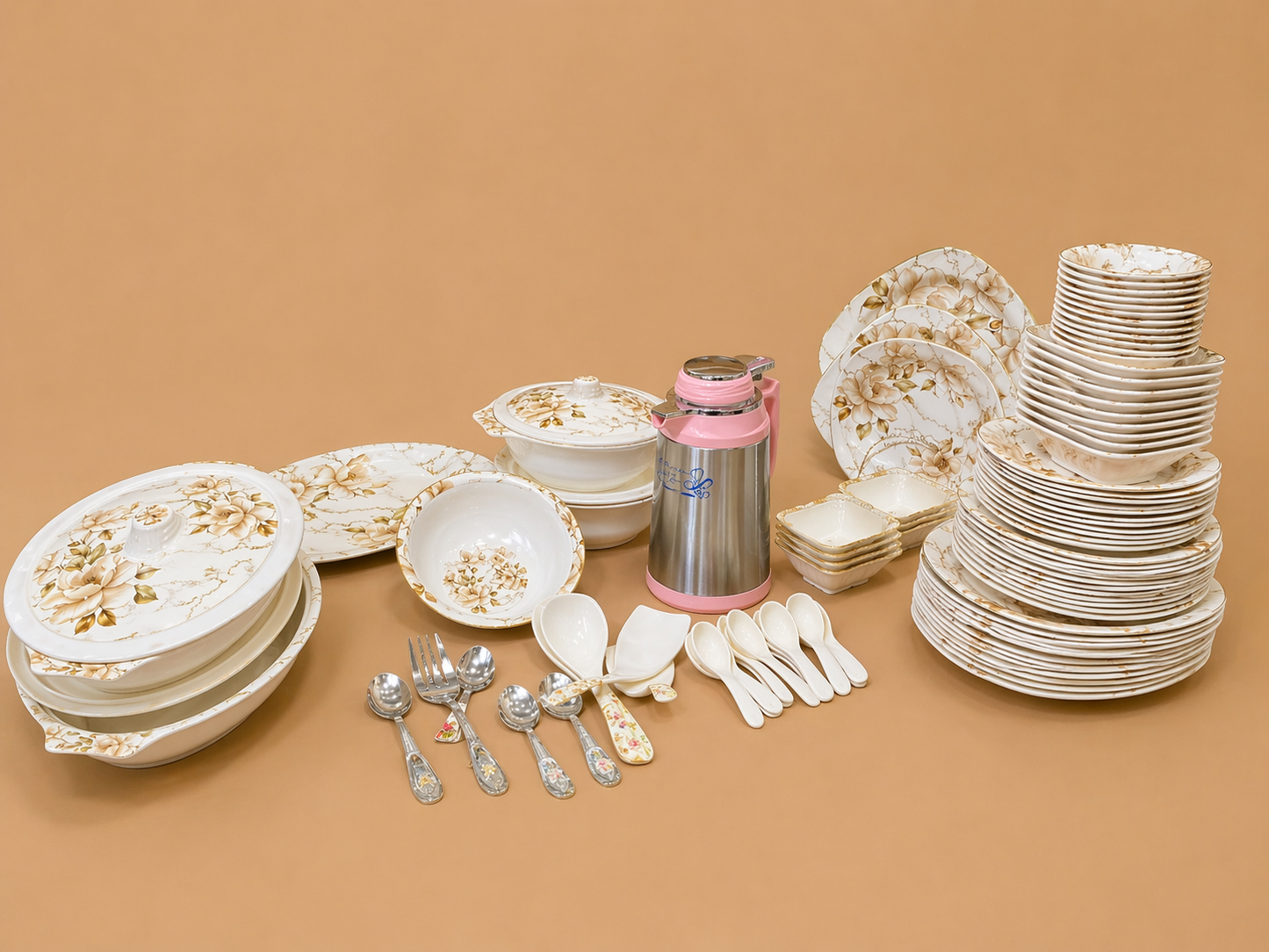 89-Piece Premium Melamine Dinner Set – Complete Family Serving Set with Thermos