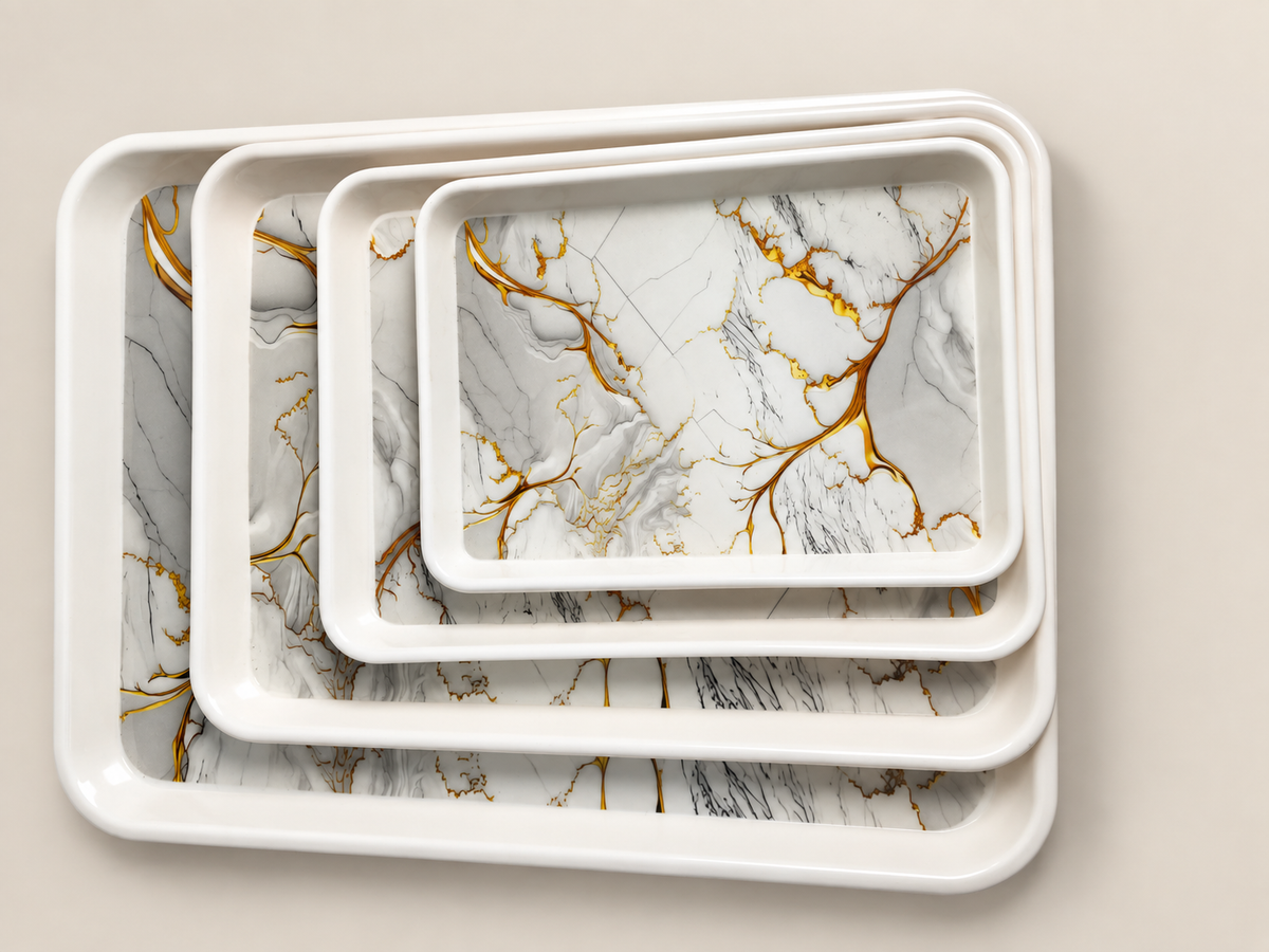 4-Piece Marble Design Serving Tray Set – White & Gold