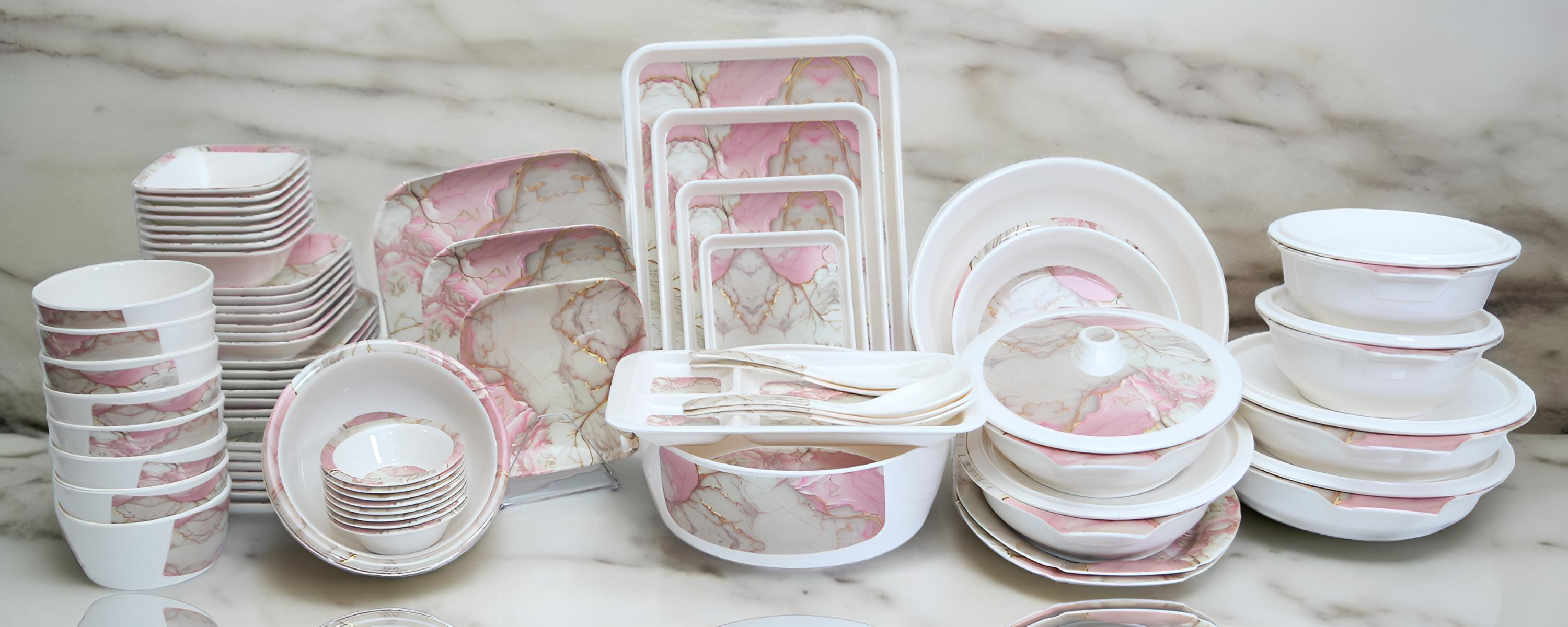 Melamine Pink Dishware Set Melamine 90 Pieces White Pink Dinner