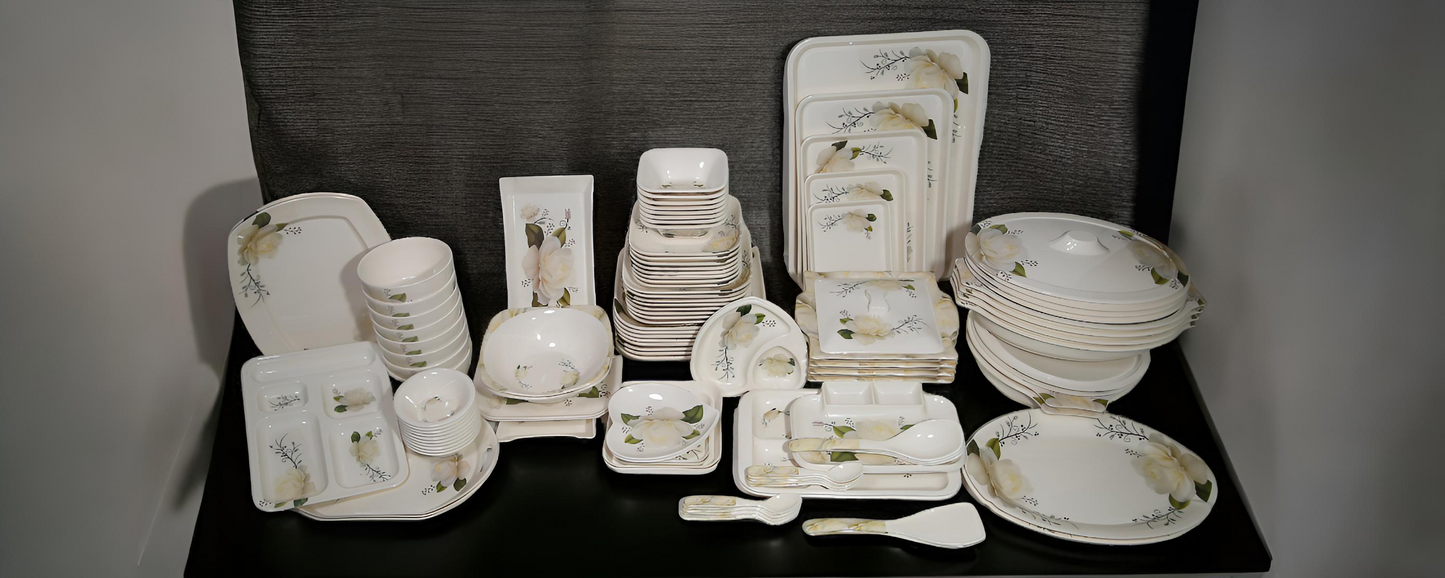 White colour melamine dinner set.
