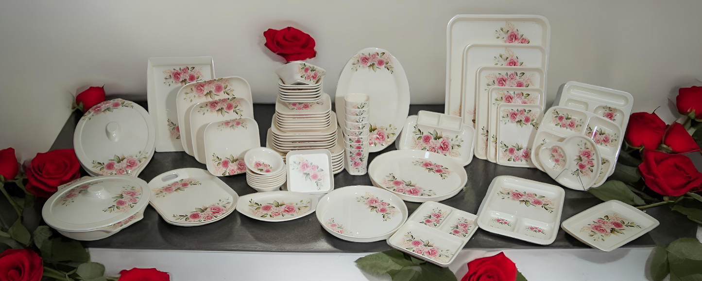 White and pink box packed Melamine dinner set.