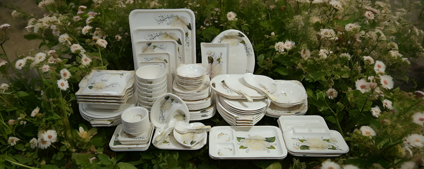 White colour 8 person melamine dinner set.
