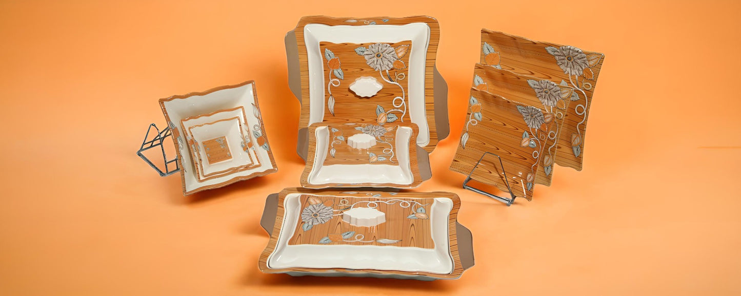 72 pieces square shape orange and white box packed dinner set.