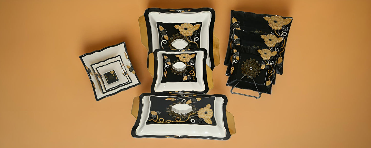 Flower Black & white 72 pieces Melamine box packed Dinner set.