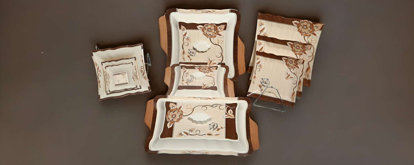 White & brown Flower texture 72 pieces box packed Melamine Dinner set.