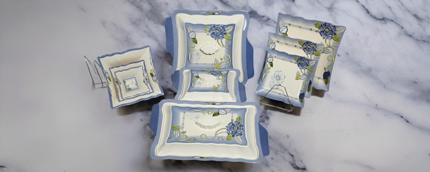 Elevate square shape 72 pieces white & blue Melamine dinner set.
