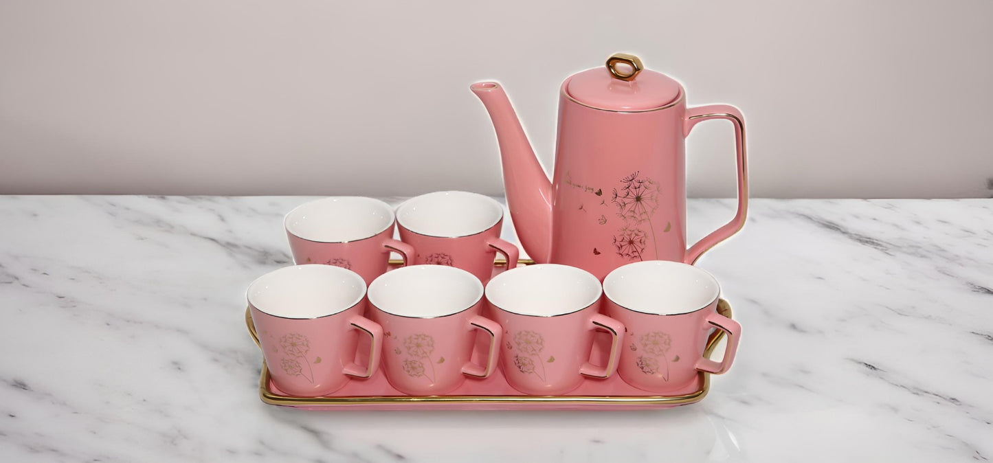 Ceramic tea set 6 cup and kettle and tray.