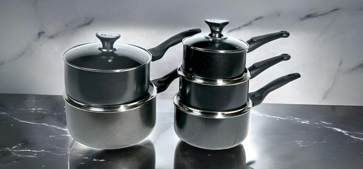 Black non stick sauce pan.