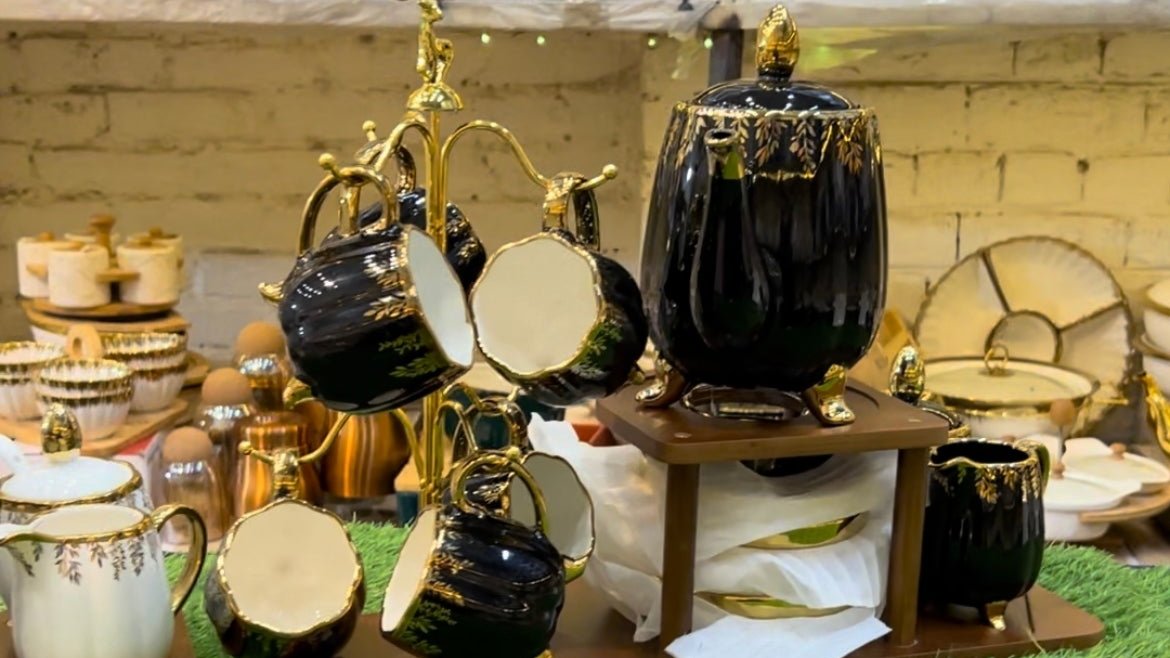 Black elegant Tea set with solid wood stand.