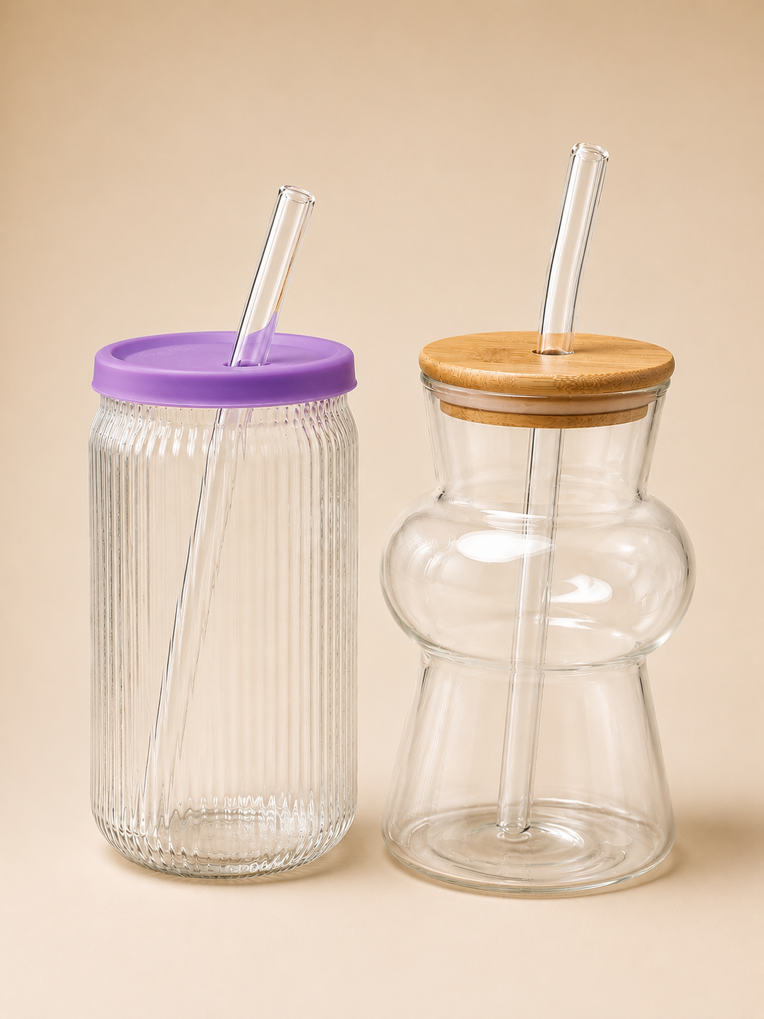 2 PCS Glass Straw Mug Set with Lids