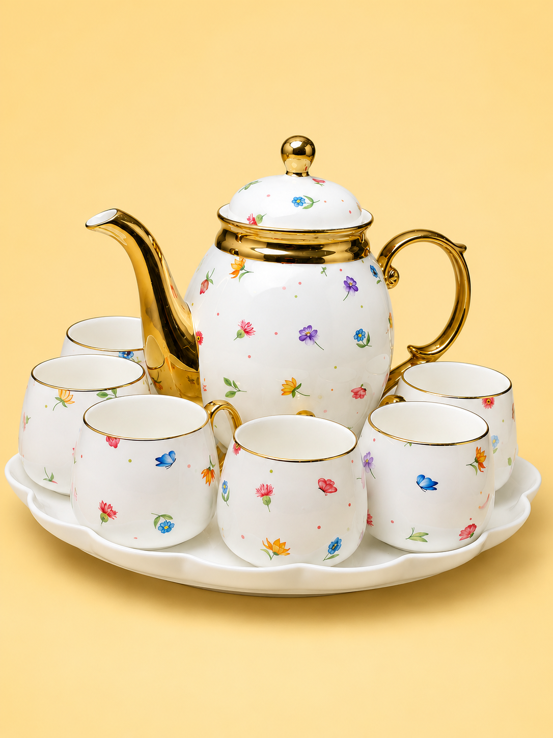 Luxury Floral Porcelain Tea Set with Serving Tray