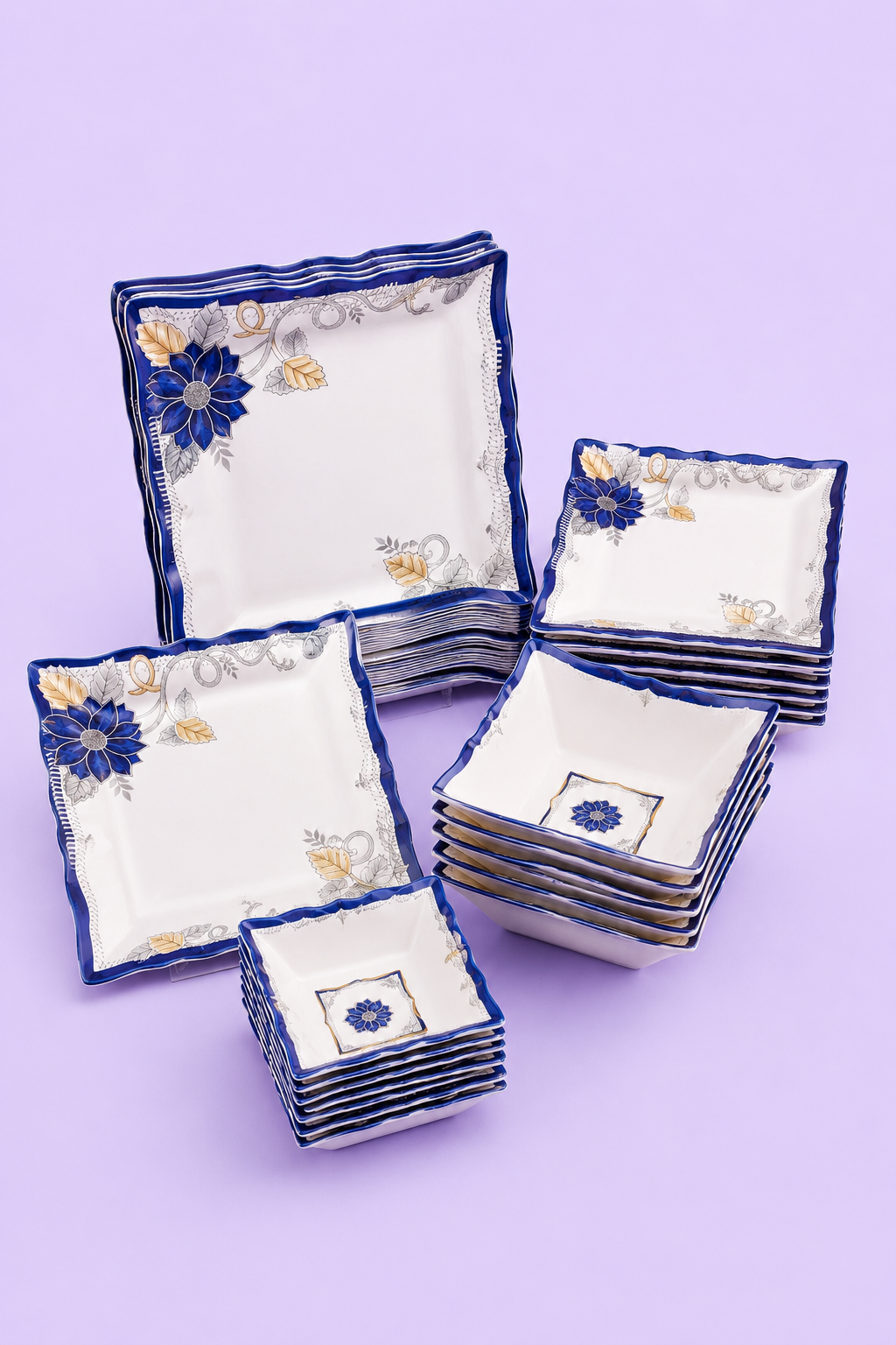 46 PCS Single Glaze Melamine Dinner Set – Blue Floral Collection