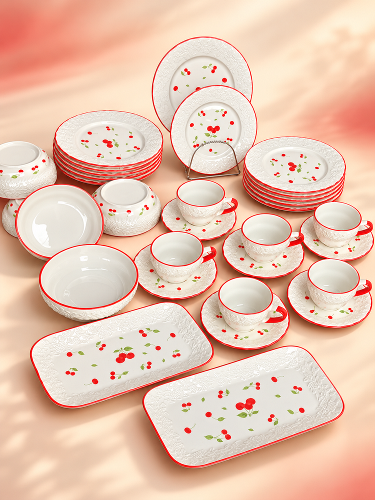 32 Pcs Luxury Ceramic Breakfast Set – Red Cherry Design