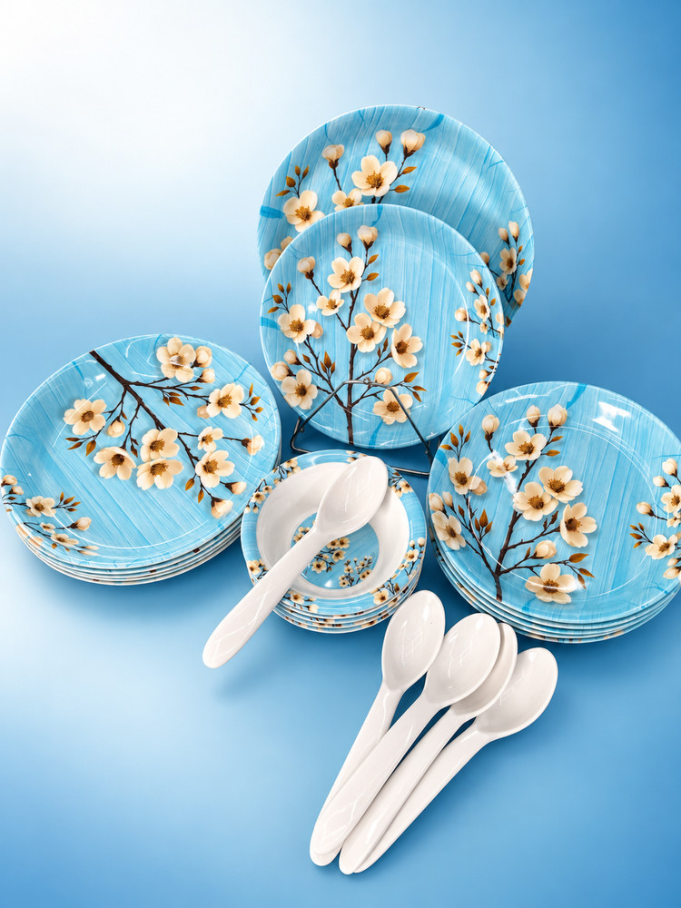 24 Pcs Melamine Dinner Set – Sky Blue Blossom