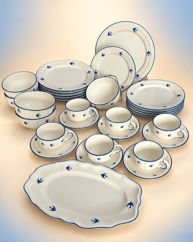 32 Pcs Luxury Ceramic Breakfast Set – Blue Swallow Design