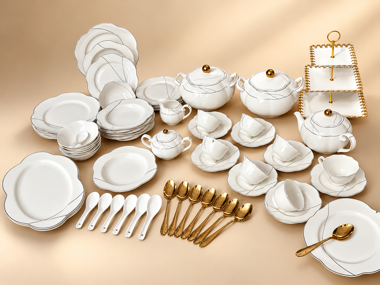 81 Pcs Super Bone China Dinner Set – 8 Person Serving | Luxury White & Gold