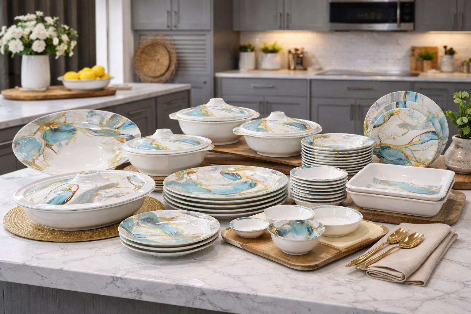 Blue Mist 98-Pcs Melamine Dinner Set
