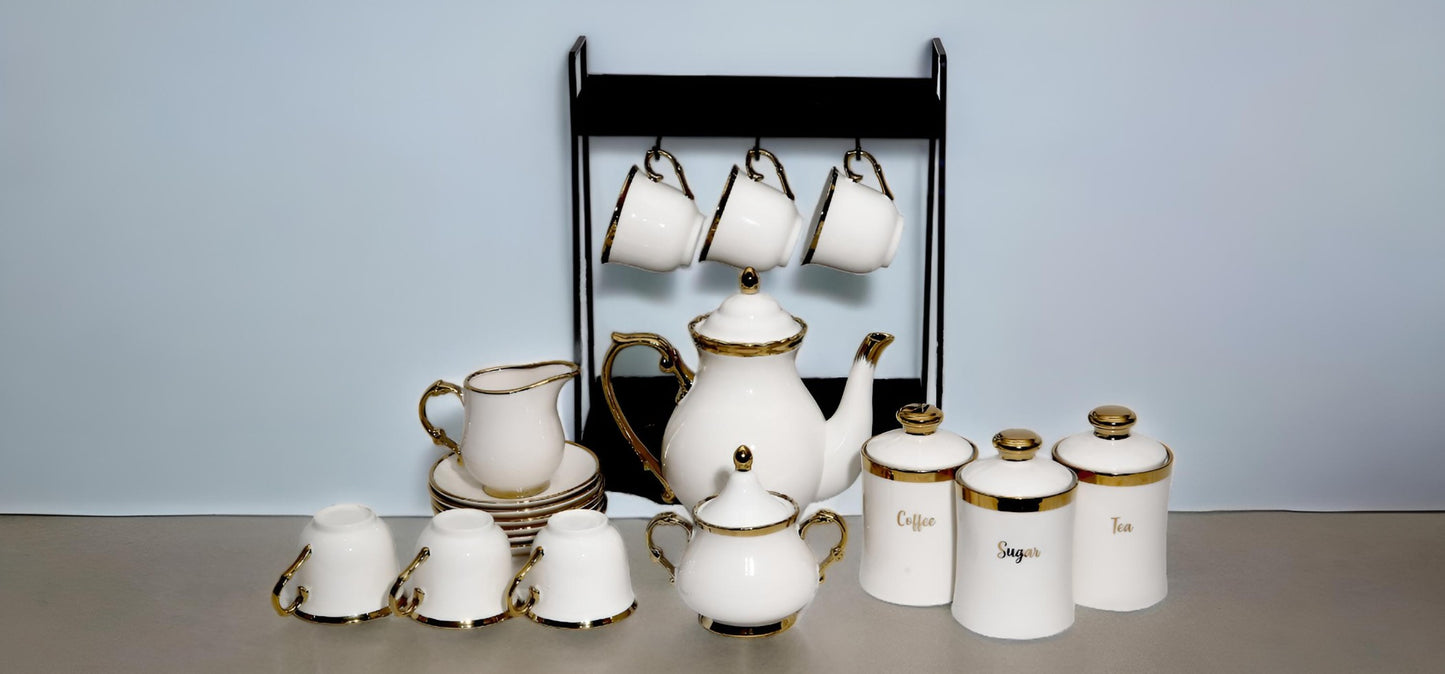Luxury white and golden tea set with stand.
