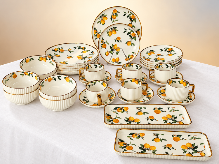 32 Pcs Luxury Ceramic Breakfast Set – Golden Lemon Design