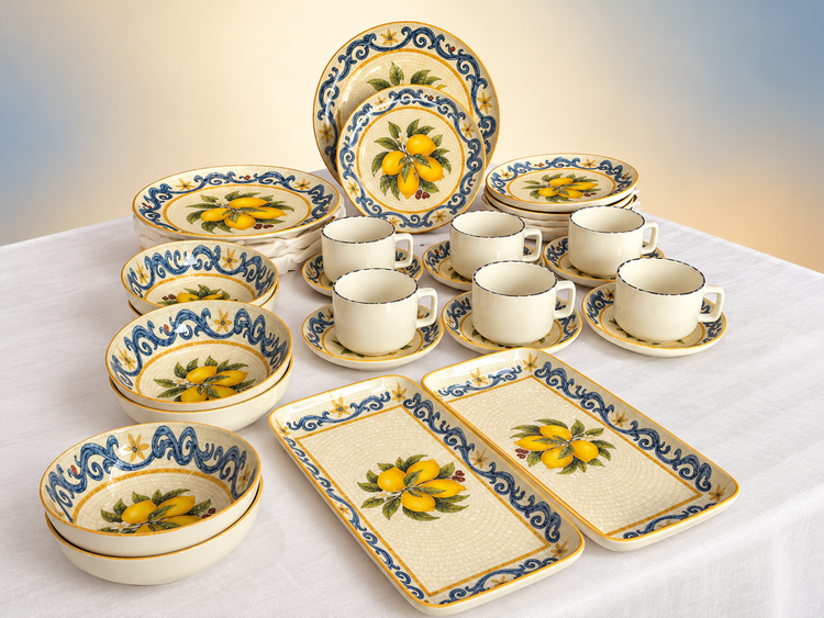 32 pcs luxury ceramic breakfast set with yellow lemon design, blue ornamental borders, 6 cups, 6 saucers, plates, soup bowls and 2 serving platters by Ocean Kaka.