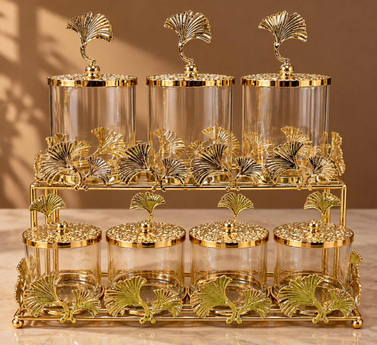 Golden Leaf Glass Jar Set – 8 PCs