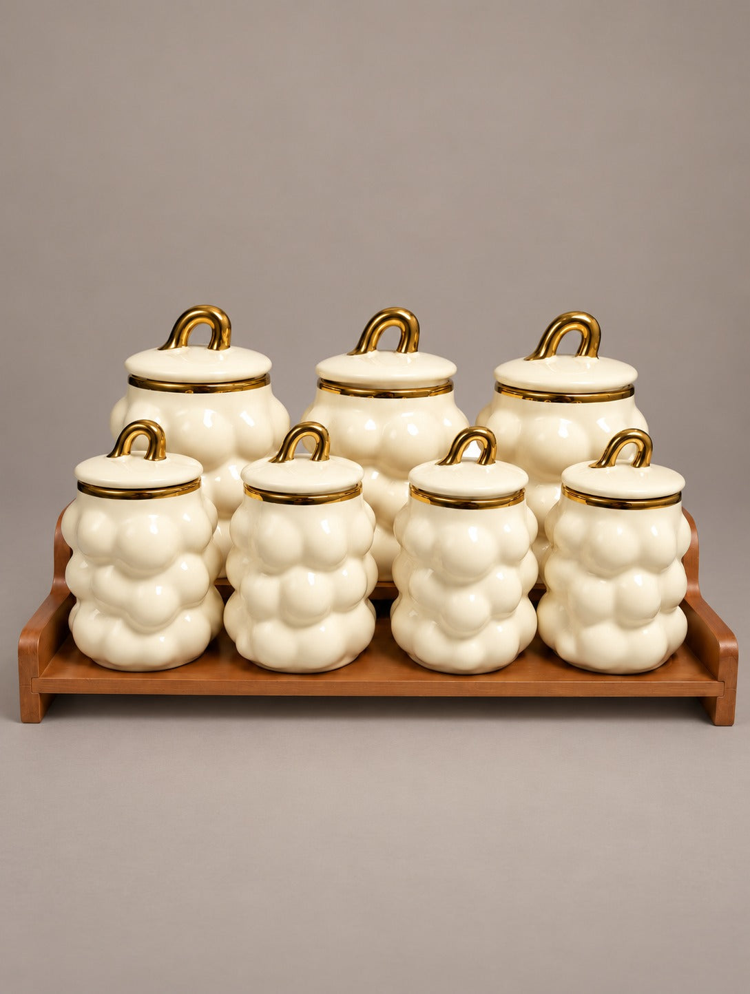 7 PCs Elegant Ceramic Jar Set with Wooden Tray