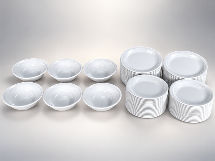 106 Pcs White Melamine Dinner Set – 50 Person Serving