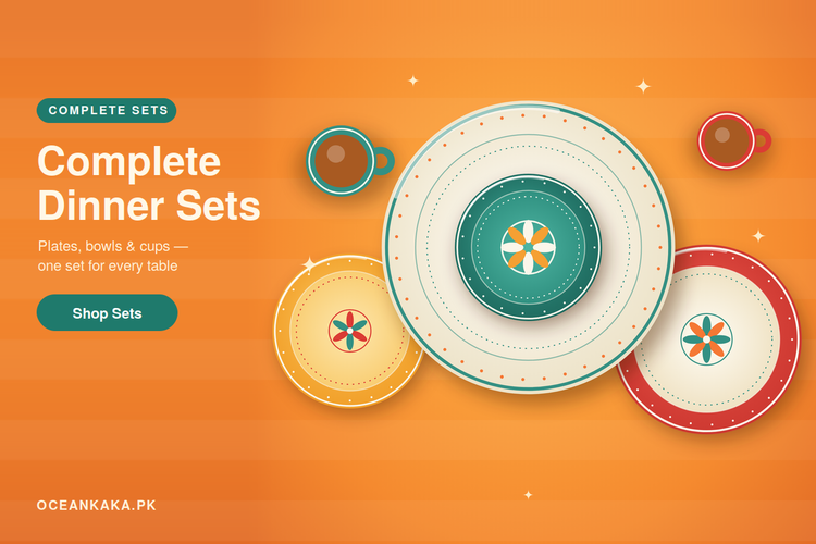 Complete dinner sets: plates, bowls and cups, one set for every table. Shop sets.